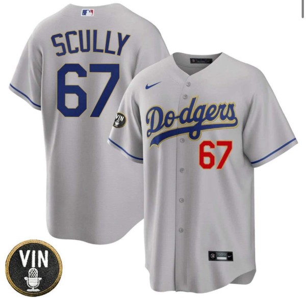 Men's Los Angeles Dodgers #67 Vin Scully 2022 Grey Vin Scully Patch Cool Base Stitched Baseball Jersey Men's Los Angeles Dodgers #67 Vin Scully 2022 Grey Vin Scully Patch Cool Base Stitched Baseball Jersey